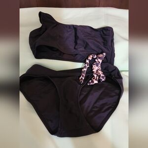 Girls Black One-Piece Swim Suit with Pink Leopard Tie